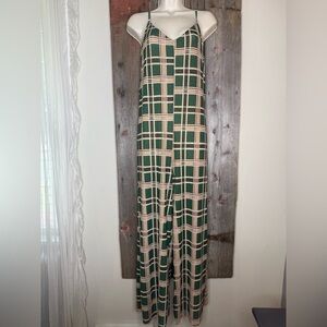 Easel Green Plaid Wide Leg Jumpsuit 70s Retro size Small
